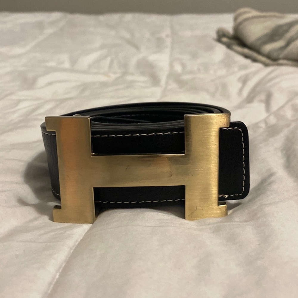 Hermes Black Leather Belt with Brushed Gold H Buckle
